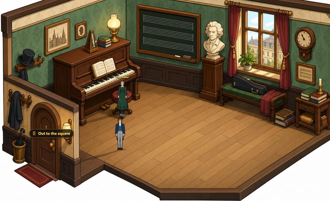 Frau Adler's practice room in the game: an upright piano, a metronome, a bust of Beethoven and a chalkboard staff