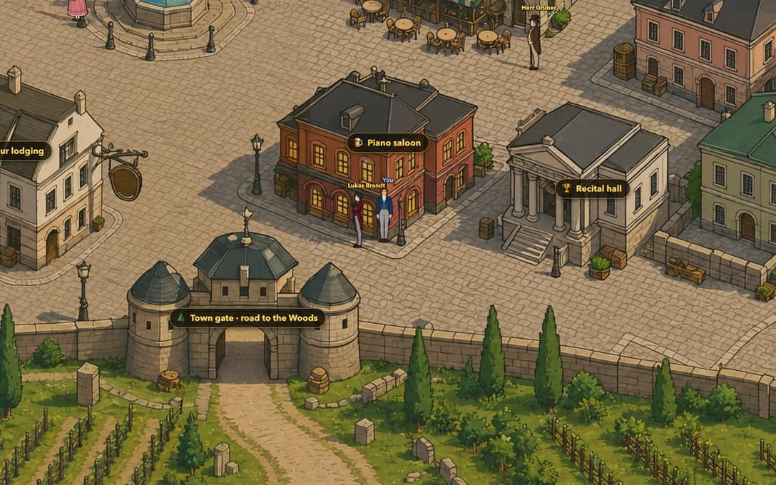 The piano saloon and the recital hall in the game's 1830s Vienna, where the duels are held