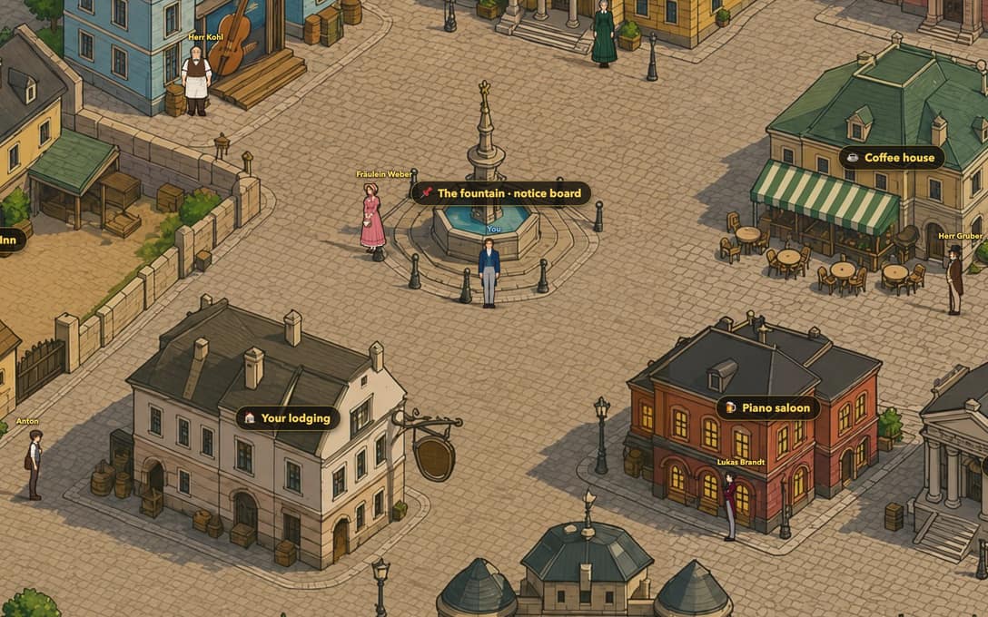 The town square in Vienna: the fountain notice board, the coffee house and the piano saloon